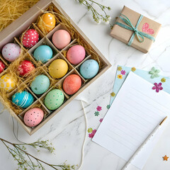 colourful eggs for easter day celebrations with  gift boxes and blank note