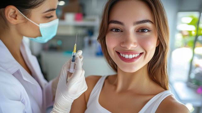 In a serene medical setting, a young woman wearing a crisp white t-shirt receives a vaccination from a cheerful, smiling nurse The environment exudes cleanliness and promotes health awareness This