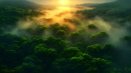 Fototapeta premium Aerial View of Sunrise Over Foggy Lush Green Forest