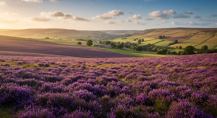 Obraz premium Golden Hour's Embrace: A Heather-Kissed Valley AI Generated