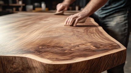 Carpenter sanding and finishing a custom wooden table. Featuring finishing touches and craftsmanship