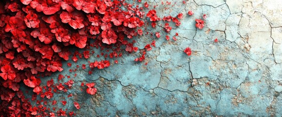 Red leaves cascade down a cracked, pale blue wall in natural sunlight