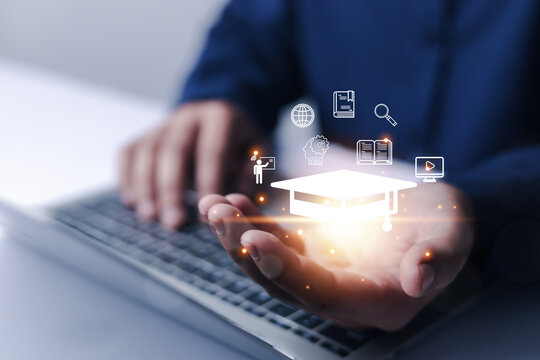E-learning education concept, internet lessons and online webinar. who attends online lessons on a digital Education learning online with webinar, learn,training, education, course, tutorial,	
