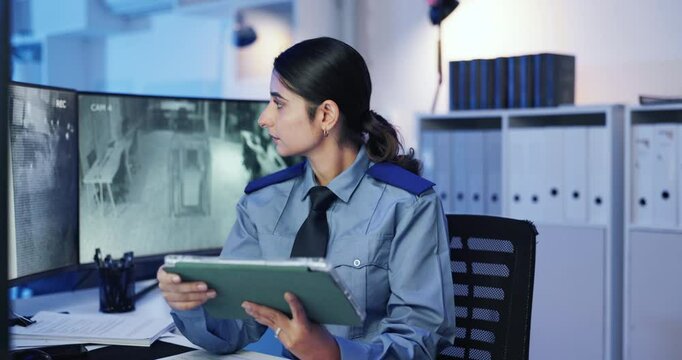 Security guard, watching and woman with tablet, footage and service for safety with surveillance and system. Night, law enforcement and person with tech for inspection, screen and control room