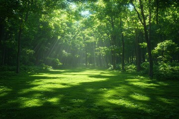 Obraz premium Sunbeams Dancing Through the Verdant Forest
