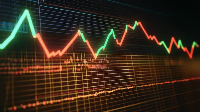 Dynamic Stock Market Data Visualization with Fluctuating Green and Red Line Graphs