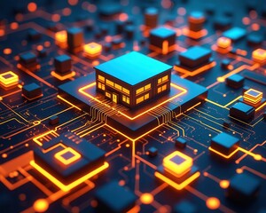Obraz premium A digital representation of a building on a circuit board, illustrating the intersection of architecture and technology in a vibrant, futuristic design.