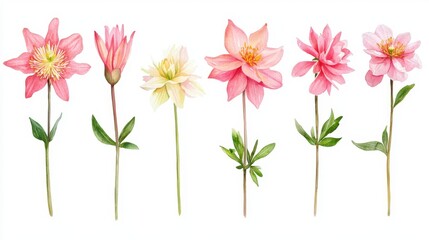 Obraz premium Presenting a charming collection of six watercolor Columbine flowers, each meticulously rendered to capture the delicate beauty of nature These isolated floral illustrations showcase the Columbine in