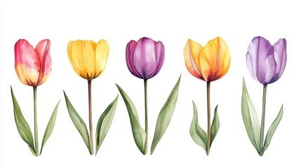 Naklejka premium These watercolor tulips, a study in delicate hues, dance across the canvas, each pose a testament to nature's grace From the soft blush of pink to the sunny warmth of yellow, and the regal depth of