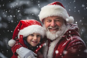 Happy Santa Claus and Child in Winter Wonderland