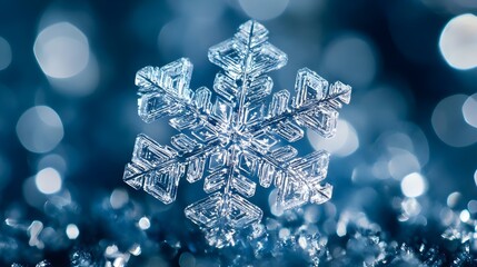 Macro Photography of a Single Snowflake with Blue Bokeh Background