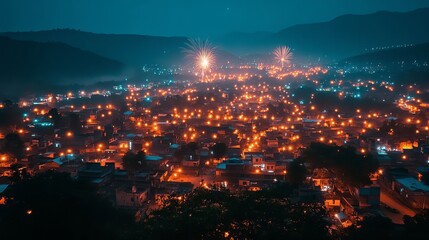 Fototapeta premium Nighttime Cityscape with Fireworks Over Hills
