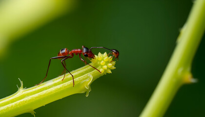 Fototapeta premium Red Ant On Green Stem With Pollen