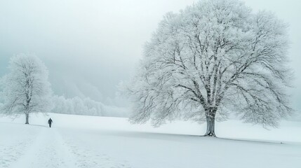 Fototapeta premium Solitary Figure Walking Through Snowy Landscape with Frost Covered Trees