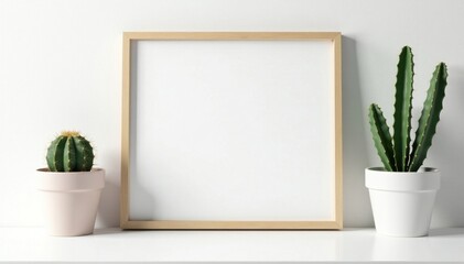 Modern white desk, empty picture frame mockup, small cactus, design, overhead