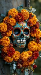 Day of the Dead Sugar Skull with Marigold Flowers