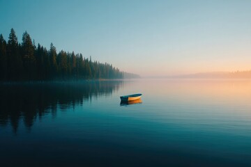 Obraz premium serene lake scene with single rowboat gently gliding across water