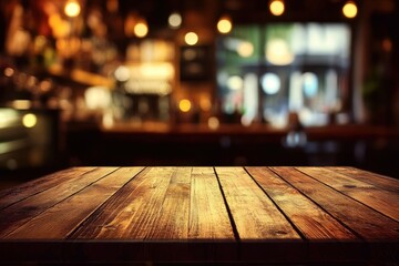 Rustic wooden bar resto vintage table top, out of focus background