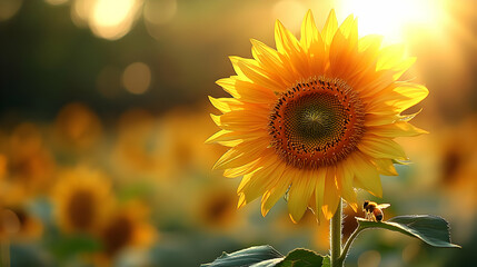 Fototapeta premium Closeup of a Vibrant Yellow Sunflower in a Field at Sunset