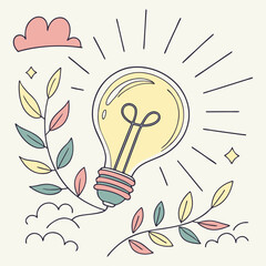 Creative Lightbulb Idea Concept with Rays and Clouds - Vector Illustration