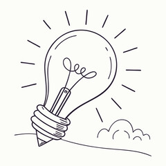 Creative Lightbulb Idea Concept with Rays and Clouds - Vector Illustration