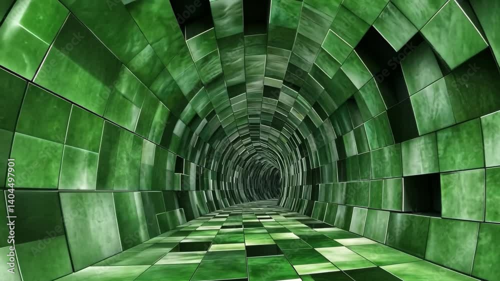 Poster tunnel with spinning green blocks creating a seamless grid pattern in an abstract environment, 3d tu