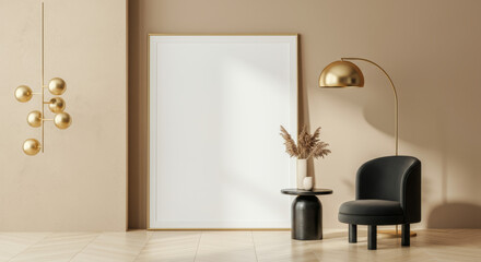 Stylish white canvas poster. This poster is mounted on a minimalist beige wall of a modern gallery, offering a sleek and modern aesthetic.
