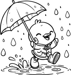 Duckling Rainy Day Adventure. Coloring Book Page. Cartoon Illustration.	