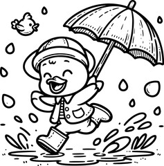 Duckling Rainy Day Adventure. Coloring Book Page. Cartoon Illustration.	