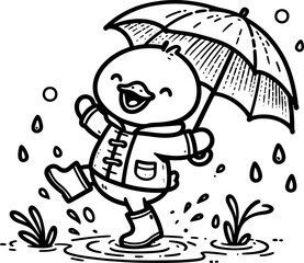Duckling Rainy Day Adventure. Coloring Book Page. Cartoon Illustration.	