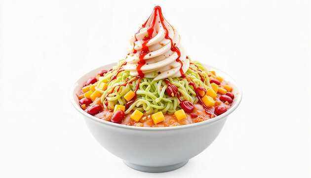 colorful ais kacang dessert with ice cream topping on white background.