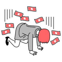 お金を失ってひざまずいて落ち込むスーツの女性