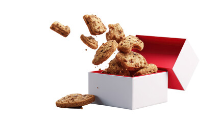 Freshly baked cookies spilling out of a festive box. transparent background