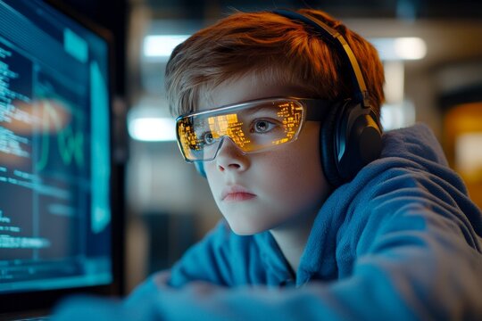Blockchain developer looks very focused at the led panel, in dark computing facility. Artwork of it. Data analyst reviewing charts. Innovator creating new technology. Ethical hacker in hoodie.