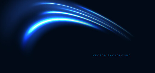 Obraz premium Blue neon curved rays glowing on dark blue background. Speed motion moving concept.