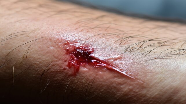 Close-up of fresh bleeding wound with oozing red blood on human inner thigh, showing detailed skin texture with sparse body hairs and mild inflammatory pinkish discoloration. Medical injury concept fo