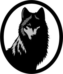 Monochrome Wolf Face Illustration in Circular Emblem Style, Vector wolf head in bold black silhouette style inside a circle frame, perfect for logo or emblem use