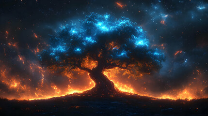 Obraz premium Glowing Tree of Fire and Stars at Night