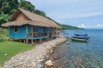 A blue, thatched hut sits on stilts by the sea, with small boats and rocks along the shore