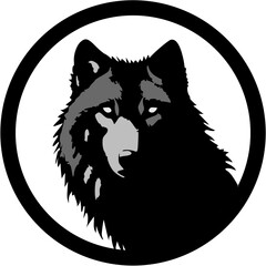 Wolf Head Silhouette in Circle Frame – Bold Vector Logo Design, Vector wolf head in bold black silhouette style inside a circle frame, perfect for logo or emblem use