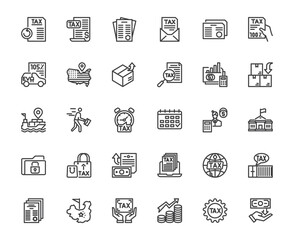 A simple tax icon set of featuring symbols like calculator, invoice, percentage, money, and documents. Perfect for finance apps, accounting software, websites, and business presentations.