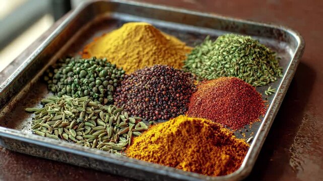 Generative ai kitchen spices tray showcasing a vibrant array of flavors and colors in a cozy culinary setting, kitchen spices on a tray