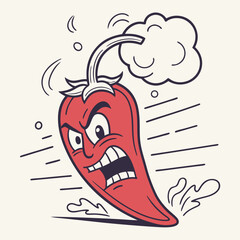 Angry Spicy Red Pepper with Steam and Fire Face – Trendy and Humorous Vector Cartoon for T-Shirt Design