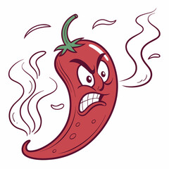 Angry Spicy Red Pepper with Steam and Fire Face – Trendy and Humorous Vector Cartoon for T-Shirt Design