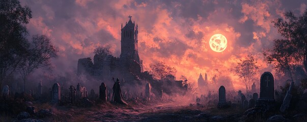 A necromancer performing an ancient ritual to summon spirits in a dimly lit graveyard at dusk, surrounded by eerie shadows.