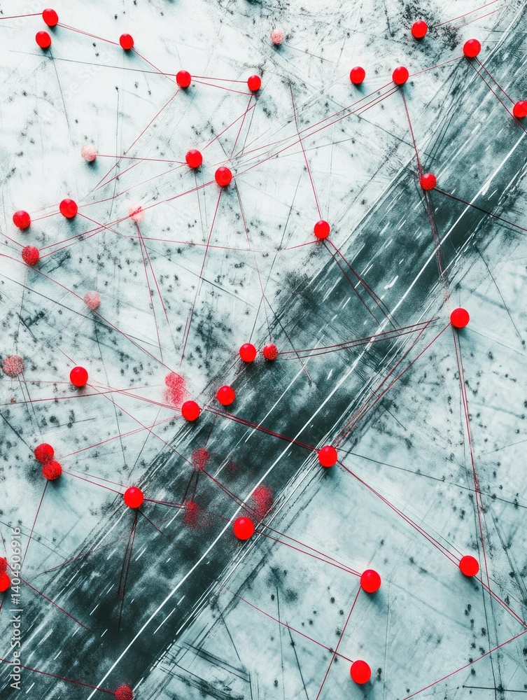 Poster interconnected network representation with red points and linear connections