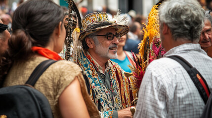 San Isidro Festival in Madrid with lively street processions, participants in traditional embroidered costumes carrying relics of the patron saint