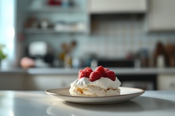 A delicate pavlova dessert topped with fresh raspberries.