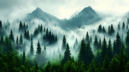 Obraz premium Misty Mountain Forest Landscape with Dark Green Trees