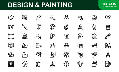 Professional Design and Painting Icon Set Vector Illustration. Most Useful Icons for Artistic Tools, Colors, and Painting Techniques